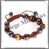 OEIL de TIGRE et HEMATITE - Bracelet Shamballa - 11 Perles de 10 mm - Macram Marron - A