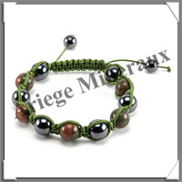 UNAKITE et HEMATITE - Bracelet Shamballa - 11 Perles de 10 mm - Macram Olive - A